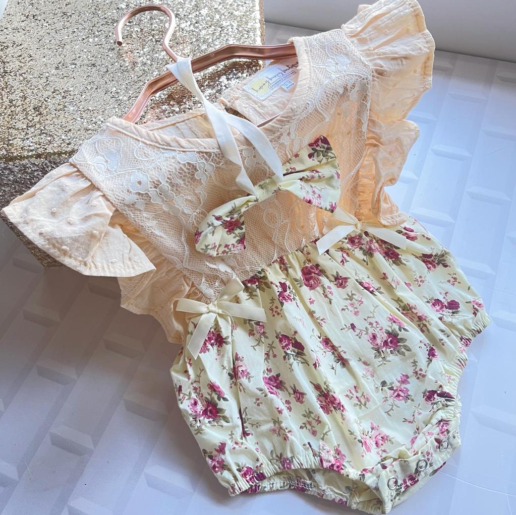 Cream Lace Floral Romper with Headband
