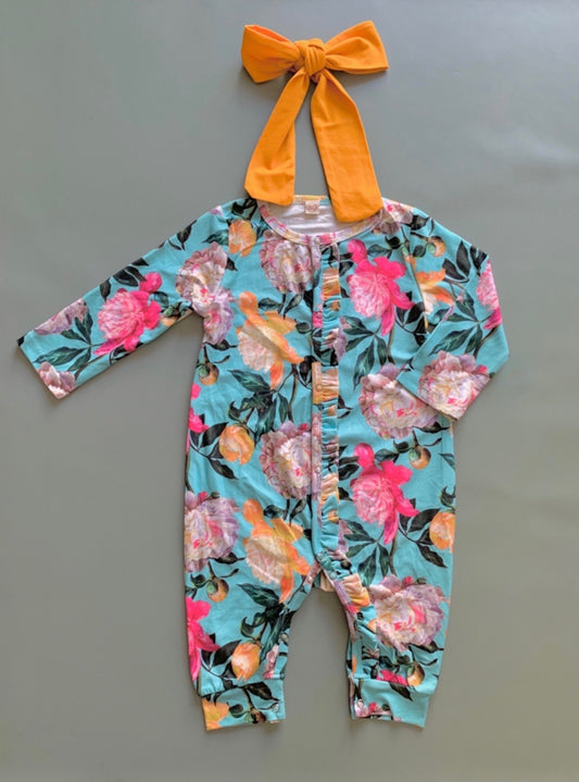 Turquoise Floral Onesie + headband