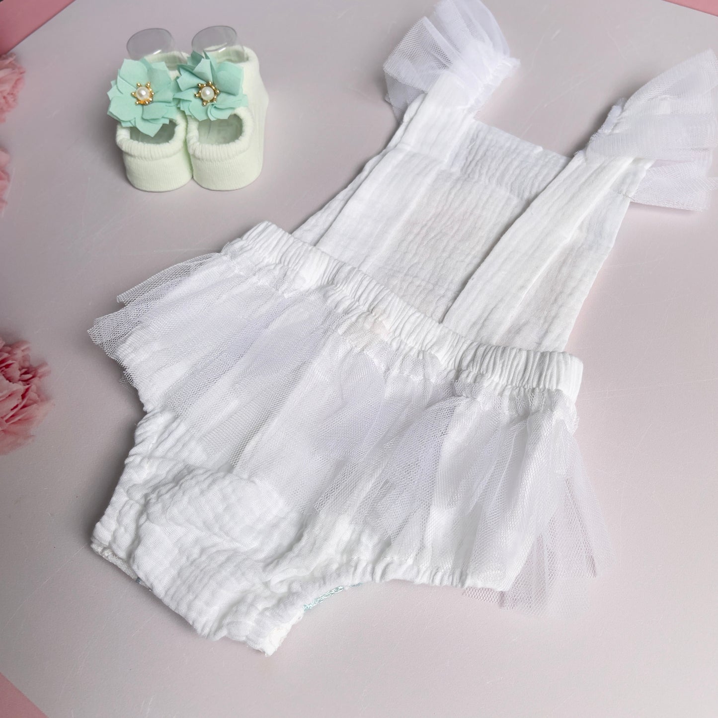 Embroidered boho romper with tulle detail