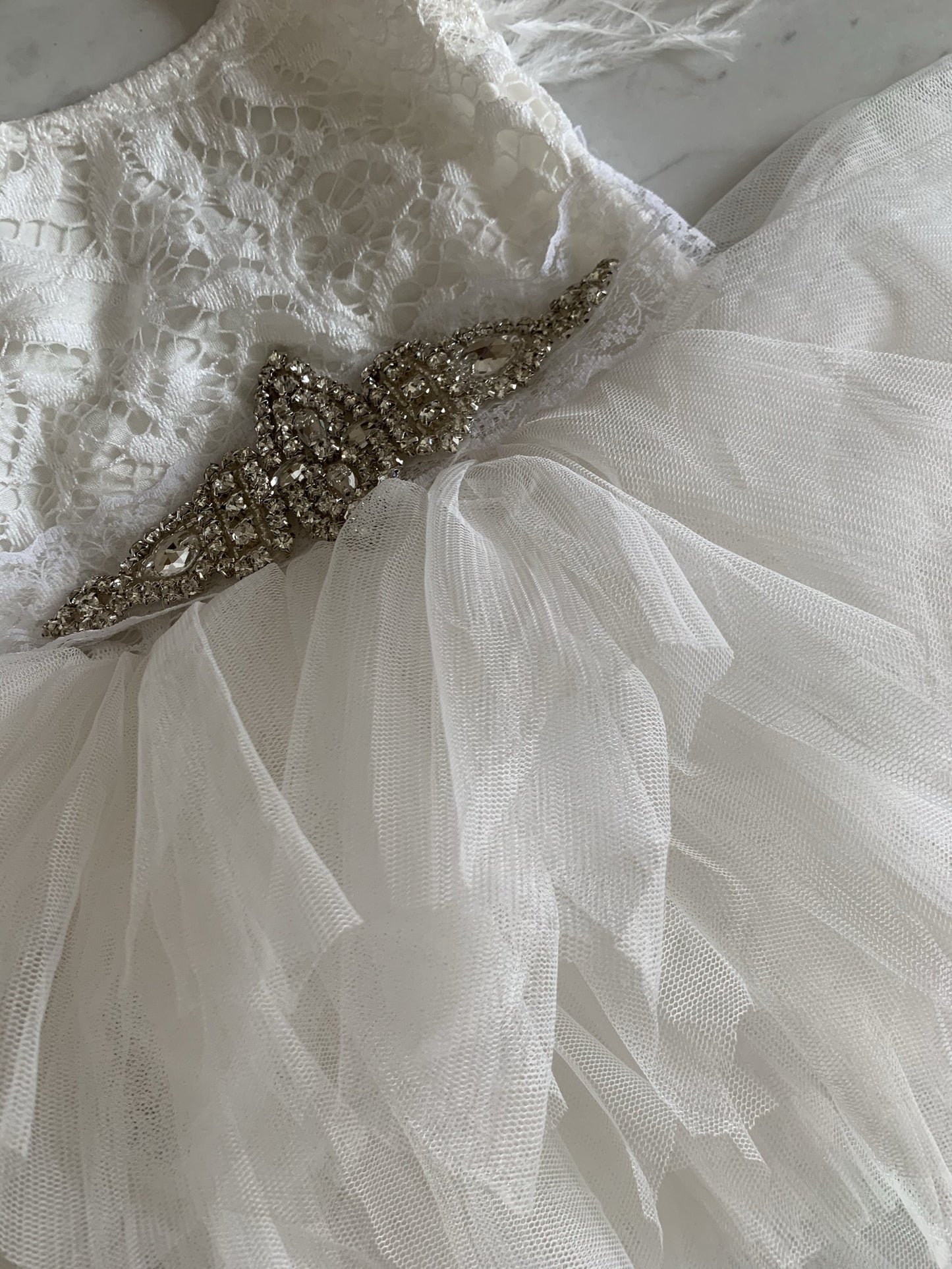 White tulle feather dress