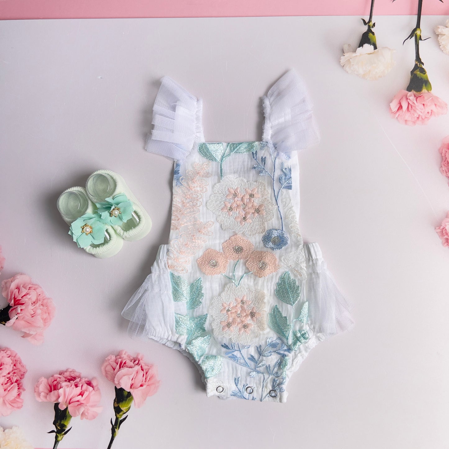 Embroidered boho romper with tulle detail