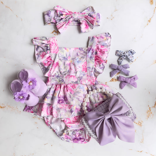 Pink/Purple Floral Romper + headband