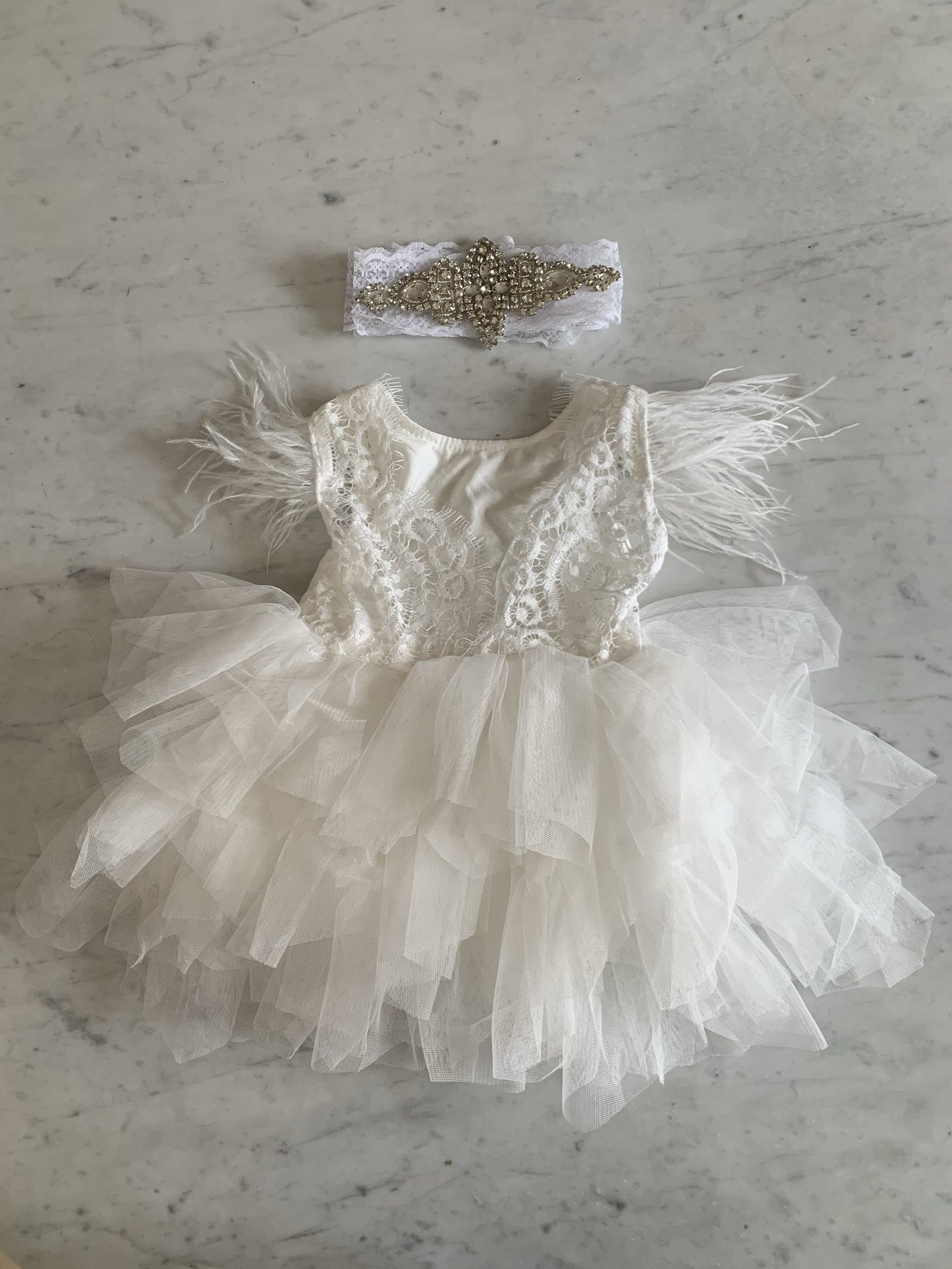 White tulle feather dress
