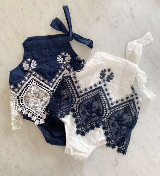 Navy & White Lace Romper