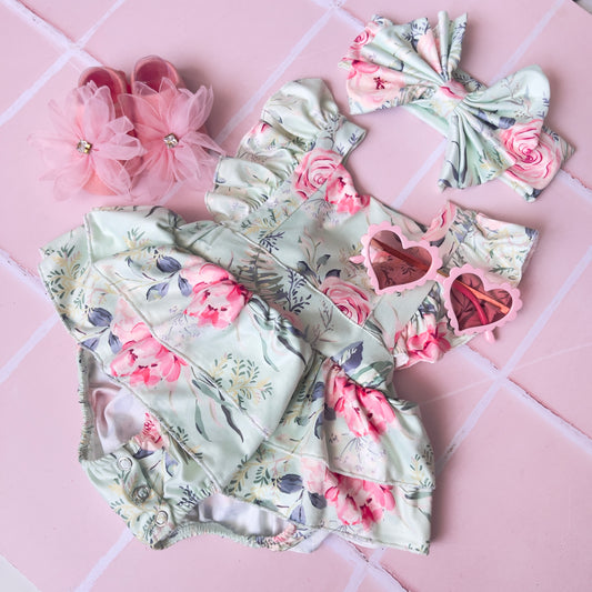 Mint Floral Romper + headband