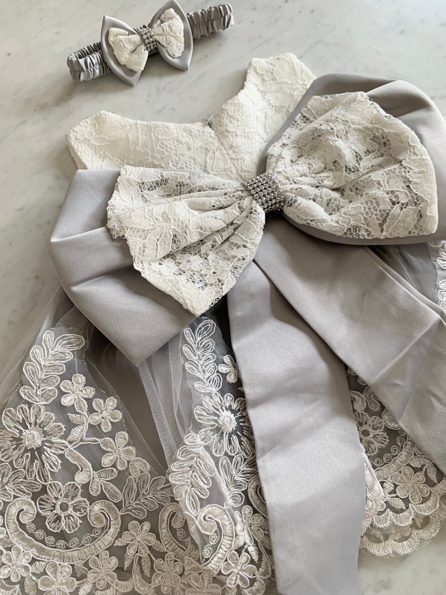 Grey Bow Dress + Headband