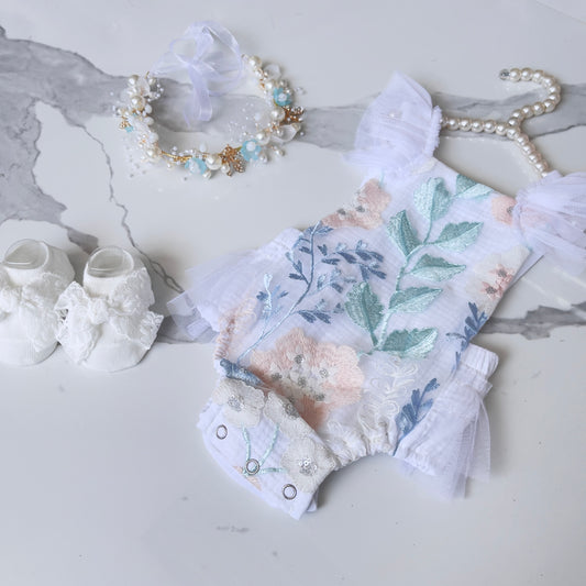 Embroidered boho romper with tulle detail