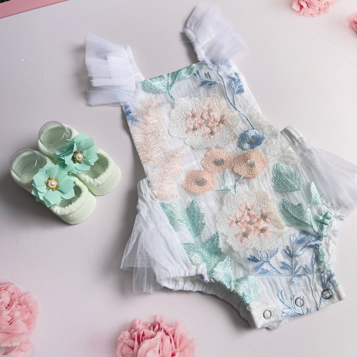 Embroidered boho romper with tulle detail