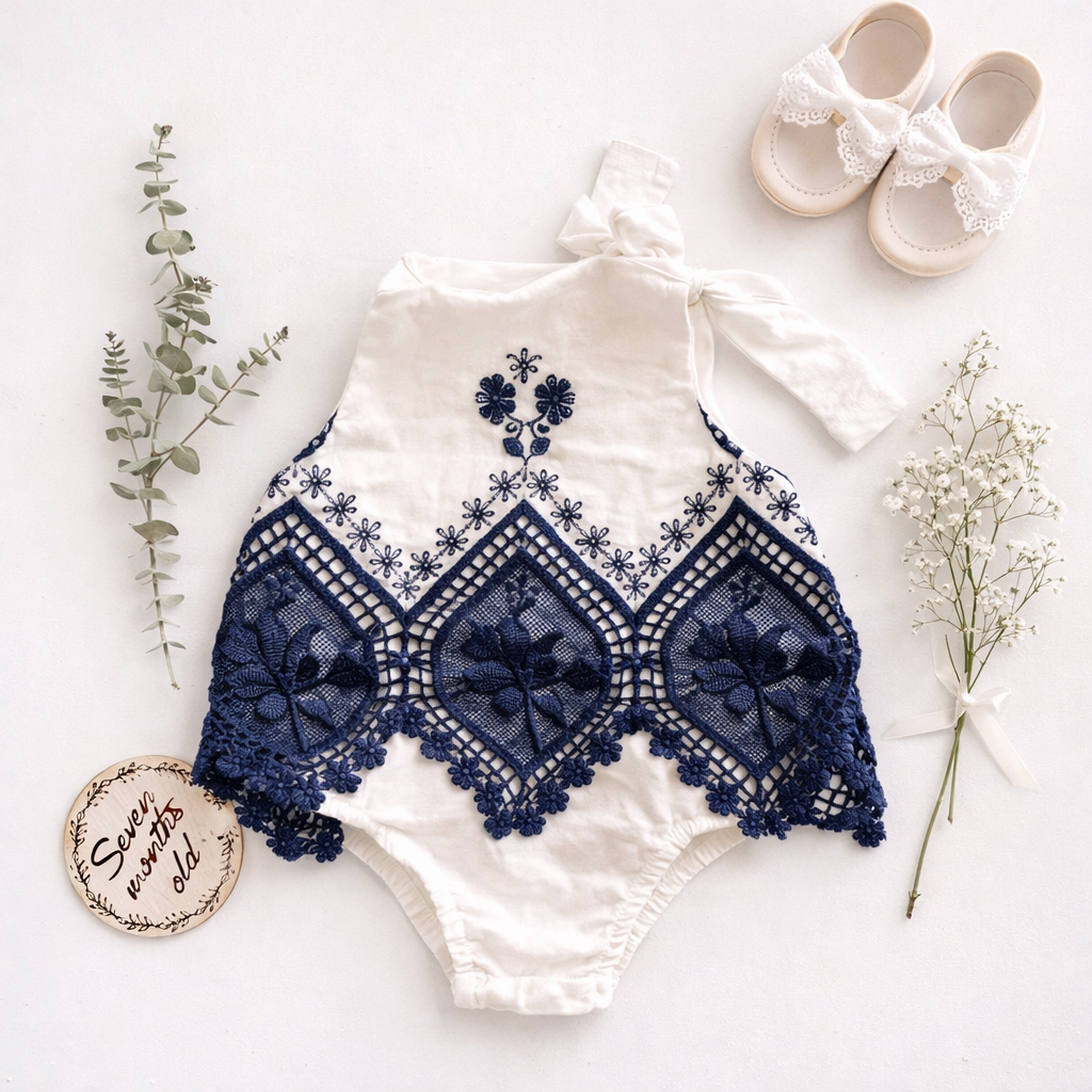 Navy & White Lace Romper