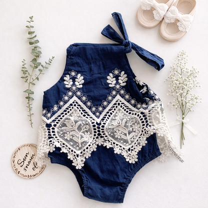Navy & White Lace Romper