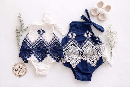 Navy & White Lace Romper