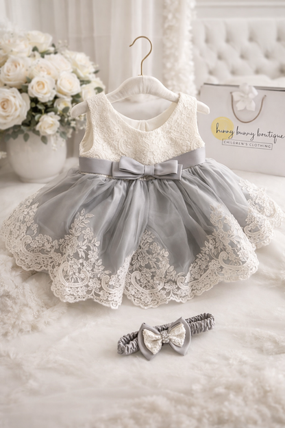 Grey Bow Dress + Headband