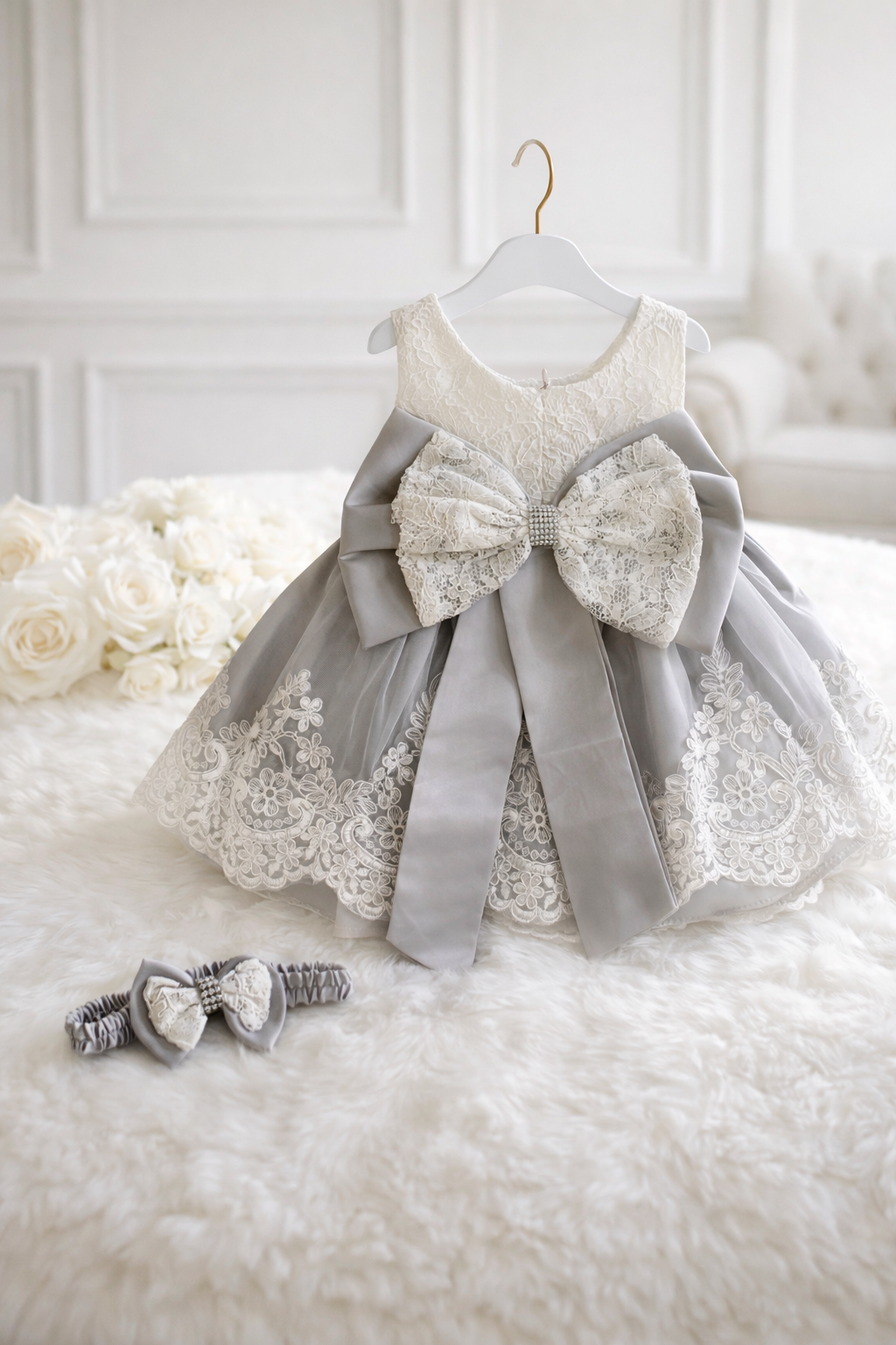 Grey Bow Dress + Headband