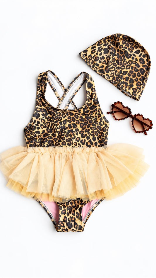 Leopard Print Swimming Costume + cap
