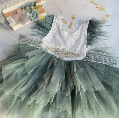 Sage Tulle Dress + jeweled belt