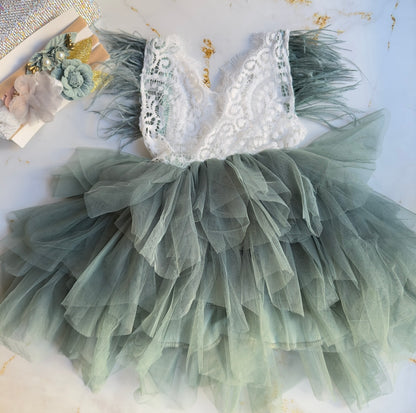 Sage Tulle Dress + jeweled belt