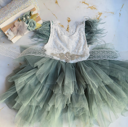 Sage Tulle Dress + jeweled belt