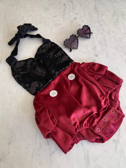 Black and Maroon Sequins Romper