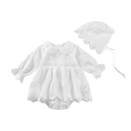 White Lace Romper + Bonnet